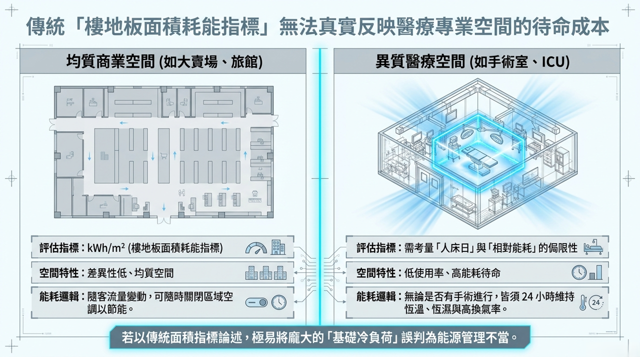 傳統樓地板面積耗能指標無法真實反映醫療專業空間的待命成本，均質商業空間與異質醫療空間之評估邏輯對比